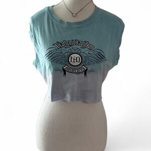 Harley Davidson Cropped Tee Tank Blue & White 100% Cotton Size XL